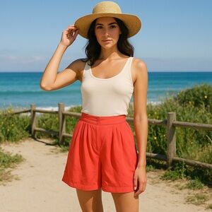 Vintage 80s 90s Silk High Waisted Bright Coral Red Shorts S